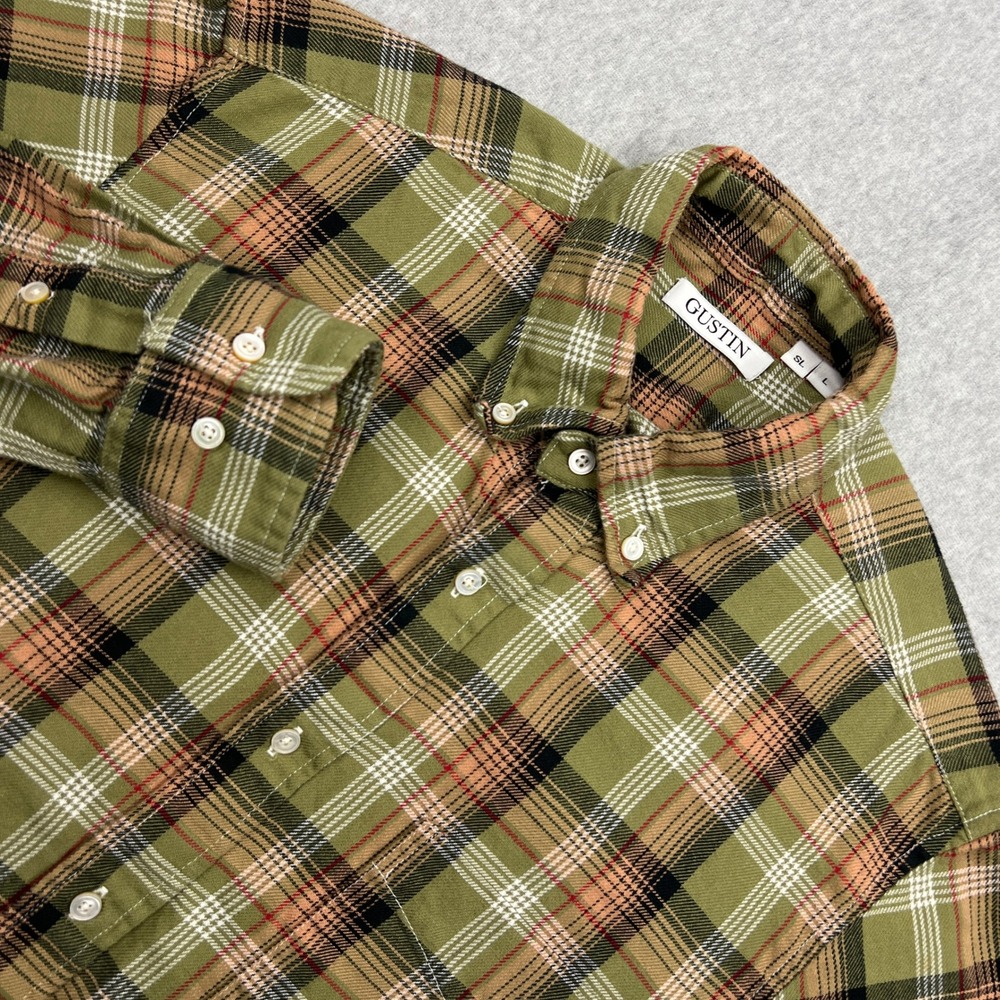 Gustin Flannel Men's Large Green Plaid Button Up Rugged Cotton Twill USA Made
